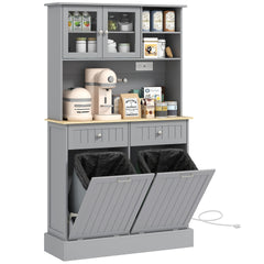 HOMCOM Kitchen Cabinet with Charging Station, 2 Tilt Out Cabinets, Microwave Stand, Freestanding Kitchen Pantry Cabinet, Gray