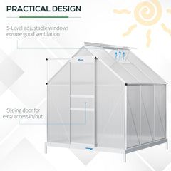 Outsunny 6' x 6' x 6.5' Polycarbonate Greenhouse with Aluminum Frame, Walk-in Heavy Duty Green House with Adjustable Roof Vent, Rain Gutter and Sliding Door for Winter, Silver