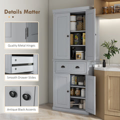 HOMCOM 72" Traditional Kitchen Pantry Cabinet, Freestanding Tall Storage Cabinet with 4 Doors, Drawer and 3 Adjustable Shelves for Dining Room, Gray