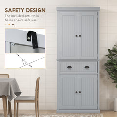 HOMCOM 72" Traditional Kitchen Pantry Cabinet, Freestanding Tall Storage Cabinet with 4 Doors, Drawer and 3 Adjustable Shelves for Dining Room, Gray