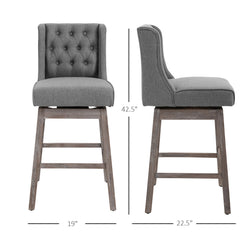 HOMCOM Bar Height Bar Stools Set of 2, 180 Degree Swivel Barstools with Solid Wood Footrests and Button Tufted Design, 30" Seat Height Bar Chairs for Kitchen Island, Gray