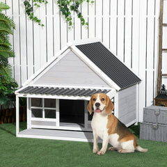 PawHut Wooden Dog House with Porch, Dog House Outdoor with Tilt Roof, Front Door, Windows for Medium Large Sized Dog