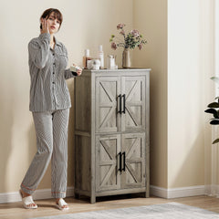 HOMCOM Bathroom Floor Storage Cabinet, Farmhouse Bathroom Cabinet with 4 Doors and Adjustable Shelf, Light Gray