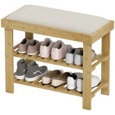 HOMCOM Bamboo Shoe Storage Bench, 3-Tier Entryway Bench with Cushion, Shoe Organizer for Entryway, Hallway, Natural