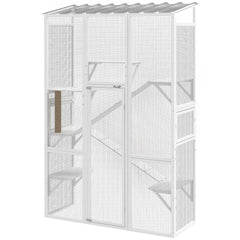 PawHut Outdoor Catio Cat Enclosure, Large Wooden Cat House with 6 Jumping Platforms, Scratching Post, 2 Ramps, for 2-3 Kittens