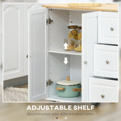 HOMCOM Kitchen Island with Drop Leaf, Rolling Kitchen Cart on Wheels with 3 Drawers, Cabinet, Natural Wood Top, Spice Rack and Towel Rack, White