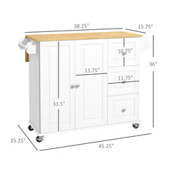 HOMCOM Kitchen Island with Drop Leaf, Rolling Kitchen Cart on Wheels with 3 Drawers, Cabinet, Natural Wood Top, Spice Rack and Towel Rack, White