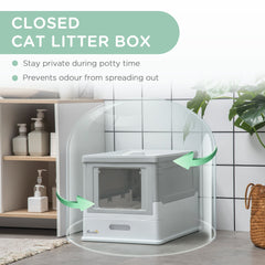 PawHut Fully Enclosed Cat Litter Box with Front Entry and Top Exit, Plastic, Gray & White