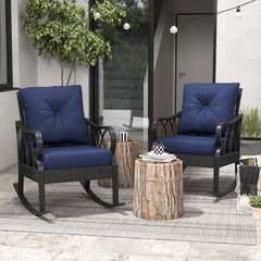 Outsunny 2 Piece Outdoor Wicker Rocking Chairs Rattan Porch Rockers with Cushions, Aluminum Frame for Garden, Patio, Blue