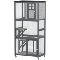 PawHut 74" Wooden Outdoor Cat House Catio with High Weight Capacity, Cat Cage Condo, Dark Gray