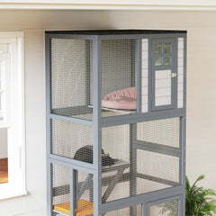 PawHut 74" Wooden Outdoor Cat House Catio with High Weight Capacity, Cat Cage Condo, Dark Gray