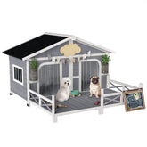 PawHut Dog House Outdoor, Wooden Dog Kennel Weatherproof with Porch, Openable Roof, Removable Bottom, Elevated Floor, Double Room for 2 Small to Medium Breeds, Gray