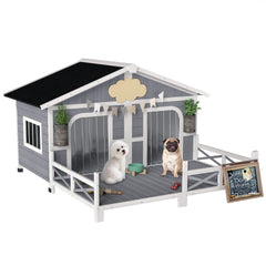 PawHut Dog House Outdoor, Wooden Dog Kennel Weatherproof with Porch, Openable Roof, Removable Bottom, Elevated Floor, Double Room for 2 Small to Medium Breeds, Gray