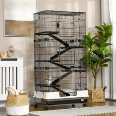 PawHut 6-tier Platform Rolling Small Animal Rabbit Cage with a Large Living Space, Black