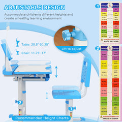 Qaba Kids Desk and Chair Set with USB Light, Storage Drawer, Blue