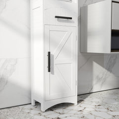 HOMCOM Farmhouse Tall Slim Bathroom Storage Cabinet with Recessed Drawer, Narrow Cabinet with Barn Door, White