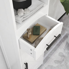 HOMCOM Farmhouse Tall Slim Bathroom Storage Cabinet with Recessed Drawer, Narrow Cabinet with Barn Door, White