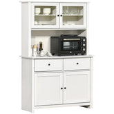HOMCOM 63.5" Kitchen Buffet with Hutch, Pantry Storage Cabinet with 4 Shelves, Drawers, Framed Glass Doors, Open Microwave Countertop, Antique White