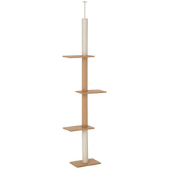 PawHut Floor-to-Ceiling Cat Tree Climbing Tower with Sisal-Covered Scratching Posts Natural Cat Tree Activity Center for Kittens Tower Furniture, Light brown