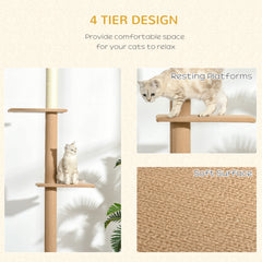 PawHut Floor-to-Ceiling Cat Tree Climbing Tower with Sisal-Covered Scratching Posts Natural Cat Tree Activity Center for Kittens Tower Furniture, Light brown