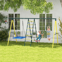 Outsunny Metal Swing Set for Backyard 5 in 1 Design Holds up to 440 lbs. for Ages 3-8, Yellow