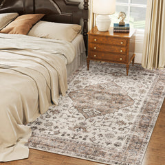 HOMCOM 5x7 Area Rug, Vintage Machine Washable Rug, Non-Slip Floor Carpet for Living Room, Bedroom, Dining Room, Tan