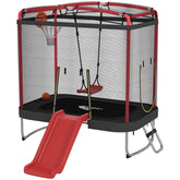 Qaba 4 x 6FT Trampoline for Kids Indoor & Outdoor with Slide, Swing, Basketball Hoop and Safety Enclosure, Red