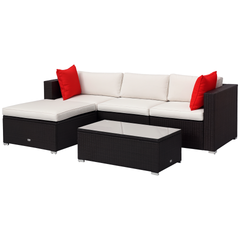 Outsunny 5-Piece Patio Furniture Set with Cushions, Outdoor PE Rattan Wicker Sofa Set, Sectional Furniture with Pillows, Glass Coffee Table for Garden, Backyard, Brown/Cream White