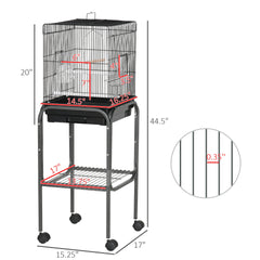 Pawhut 45-inch Metal Indoor Bird Cage, Parrot Cage, Bird Aviary with Detachable Rolling Stand, Storage Basket, and Accessories - Black
