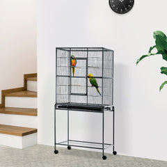 PawHut 30" Rolling Metal Bird Cage Feeder with Detachable Rolling Stand, Storage Shelf, Wood Perch & Food Container