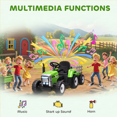 Aosom 12V Ride on Tractor with Trailer, 25W Dual Motors, Battery Powered Electric Tractor with Remote Control, Music Startup Sound and Horn, LED Lights, Green