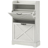 HOMCOM Slim Shoe Storage Cabinet, Farmhouse Shoe Cabinet with 2 Flip Drawers, Adjustable Shelves for 8 Pairs, Distressed White