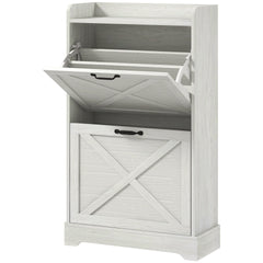 HOMCOM Slim Shoe Storage Cabinet, Farmhouse Shoe Cabinet with 2 Flip Drawers, Adjustable Shelves for 8 Pairs, Distressed White