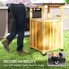 Outsunny Outdoor Grill Cart w/ Stainless Steel Top, Solid Wood Outdoor Kitchen Island w/ Wheels, Integrated Hole, Natural Wood