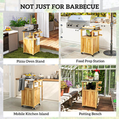 Outsunny Outdoor Grill Cart w/ Stainless Steel Top, Solid Wood Outdoor Kitchen Island w/ Wheels, Integrated Hole, Natural Wood