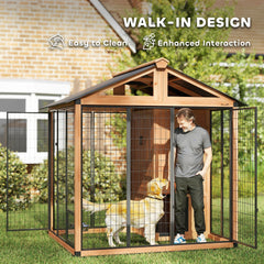 PawHut 7' x 6' Extra Large Dog House, Wood Outdoor Dog Kennel with Storage Cabinet, Stainless Steel Bowls, Light Yellow