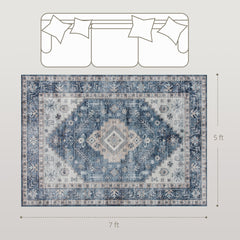 HOMCOM 5x7 Area Rug, Vintage Washable Rug, Non-Slip Floor Carpet for Living Room, Bedroom, Dining Room, Blue