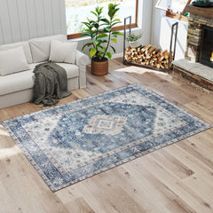 HOMCOM 5x7 Area Rug, Vintage Washable Rug, Non-Slip Floor Carpet for Living Room, Bedroom, Dining Room, Blue