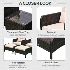 Outsunny 5 Pieces Rattan Wicker Lounge Chair Outdoor Patio Conversation Set with 2 Cushioned Chairs, 2 Ottomans and Tempered Glass Top Coffee Table