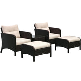 Outsunny 5 Pieces Rattan Wicker Lounge Chair Outdoor Patio Conversation Set with 2 Cushioned Chairs, 2 Ottomans and Tempered Glass Top Coffee Table