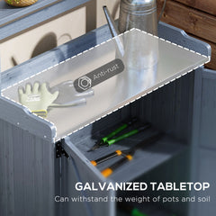 Outsunny Outdoor Wooden Potting Bench with Storage Cabinet, Shelves, Galvanized Plated Tabletop for Backyard, Balcony, Gray