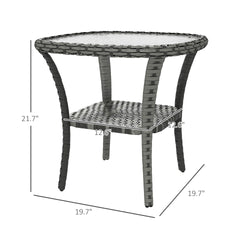 Outsunny Outdoor Coffee Table with Storage Shelf, Hand-Woven Wicker Side Table with Water-Ripple Glass Top, Mix Gray