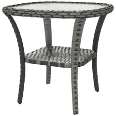 Outsunny Outdoor Coffee Table with Storage Shelf, Hand-Woven Wicker Side Table with Water-Ripple Glass Top, Mix Gray