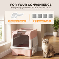 PawHut Cat Litter Box Hooded Cat Litter Tray with Drawer Pan Front Entry & Top Exit Easy Cleaning Pink