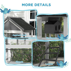 PawHut Wooden Bird Aviary with Slide-Out Tray, Birdhouse, Ladder, Perches for Finches, Parakeets, Gray