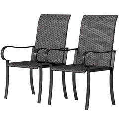 Outsunny Set of 2 Outdoor Wicker Dining Chairs with Armrest, Steel Frame, High Back and Deep Seating, Brown