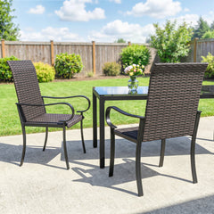 Outsunny Set of 2 Outdoor Wicker Dining Chairs with Armrest, Steel Frame, High Back and Deep Seating, Brown