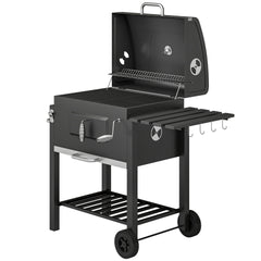 Outsunny Charcoal BBQ Grill and Smoker Combo Outdoor Portable Trolley Camping Picnic Backyard with Side Shelf, Black