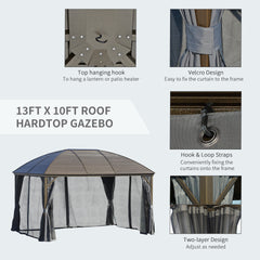 Outsunny 10' x 13' Hardtop Gazebo with Curtains, Netting, Pavilion with Steel Roof Ceiling Hook for Garden Patio, Gray