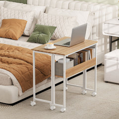 HOMCOM Folding Computer Desk, Foldable Desk with Storage Bag, Shelf and Wheels for Small Spaces, Home Office, Natural Wood